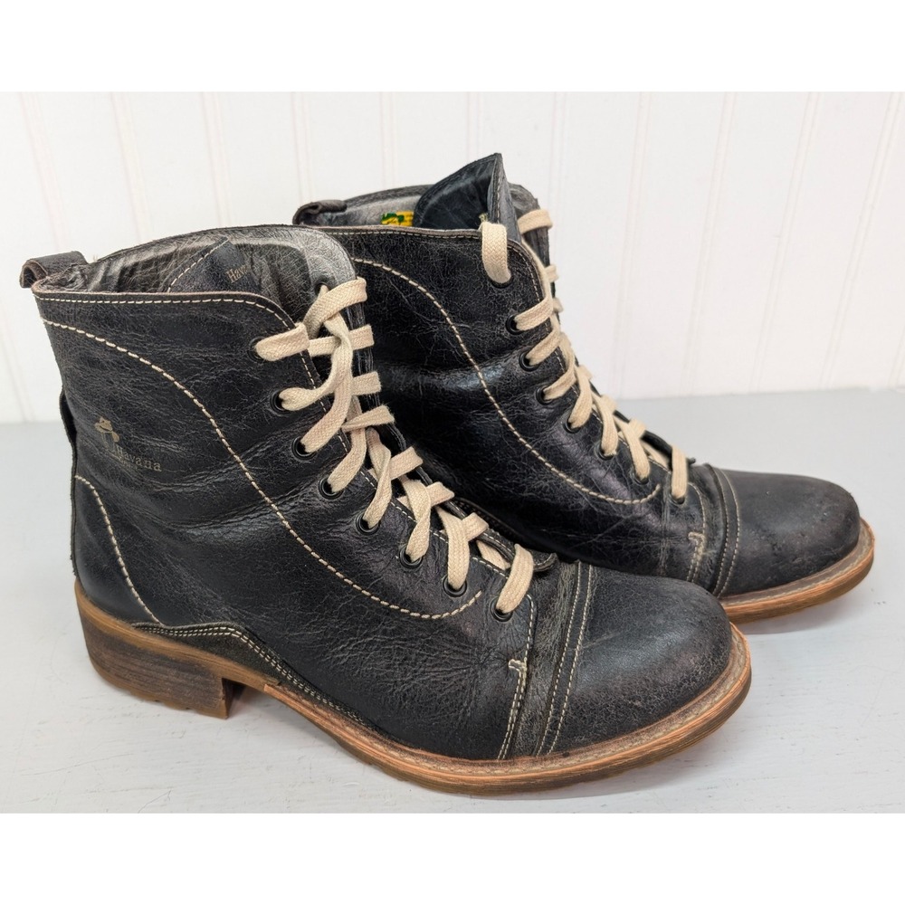 Havana Joe Black Leather‎ Lace  Heeled Ankle Combat Boots EUR 41 US M8 W9.5 Vtg